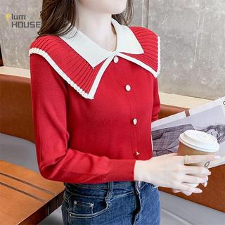 PlumHOUSE Áo Len Dệt Kim Mỏng Cổ Búp Bê Màu Sắc Tương Phản Cho Nữ
