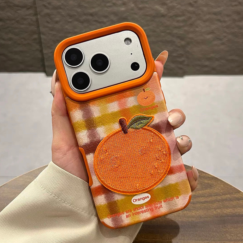 Ốp điện thoại da trái cây thêu 3D cho iPhone 17 Pro Max 16 15 14 13 12 Vỏ bảo vệ chống sốc