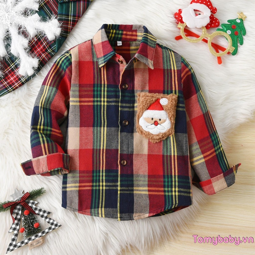 Trẻ Em Bé Trai Giáng Sinh Kẻ Sọc Áo Sơ Mi Ông Già Noel Ngực Bỏ Túi Nút Lên Ve Áo Dài Tay Áo