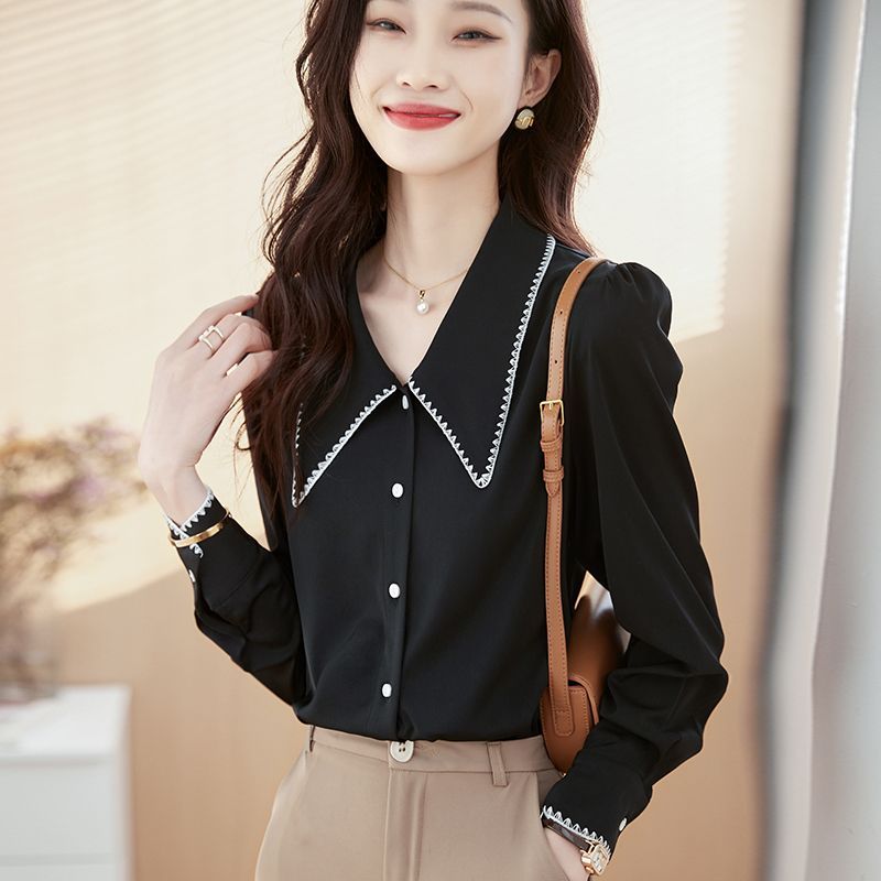 Áo sơ mi dài tay màu đen thời thượng, phù hợp văn phòng vàdaily office