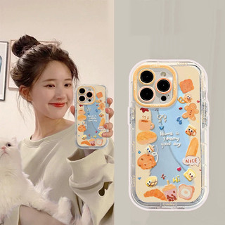 Vỏ gương bánh quy hoạt hình dễ thương + Dây chuyền cho IPhone 16 11 15 14 13 12 Pro Max X Xr Xs Max 7 8 Plus Vỏ điện thoại bảo vệ ống kính chống sốc mềm Vỏ màu đen