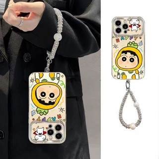 Vỏ + Dây chuyền hoạt hình dễ thương Crayon Shin-chan cho IPhone 16 11 15 14 13 12 Pro Max X Xr Xs Max 6 6s 7 8 Plus SE 2020 Vỏ điện thoại bảo vệ ống kính chống sốc mềm Vỏ đen