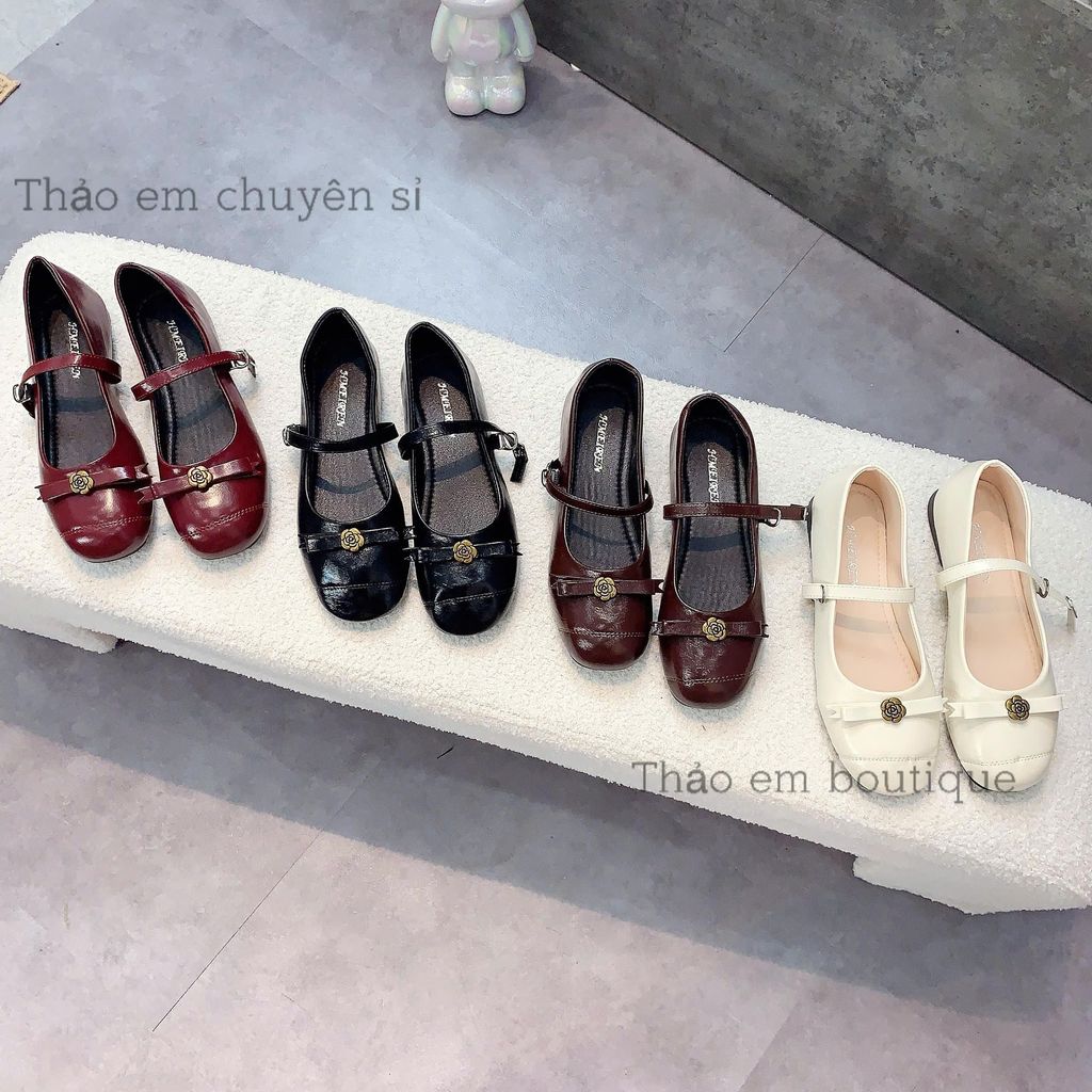 [Thảo Em - BBH45 ] Giày búp bê nữ đế bệt da mềm phối quai nơ hoa trà ngang basic [ Sẵn Hàng ]