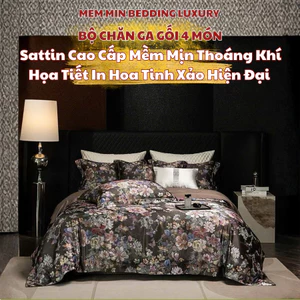 Bộ chăn ga gối Satiin kết hợp Cotton mềm mịn MemMinbedding Luxury họa tiết in hoa tinh sảo hiện đại - L41692