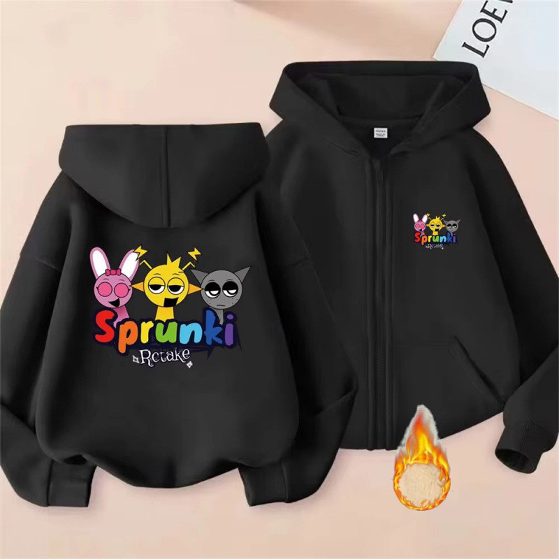SPRUNKI Anime Nhân Vật Hoạt Hình In Hình Trẻ Em Lông Cừu Lót Zip-Up Áo Khoác Dài Tay Áo Khoác Ngoài