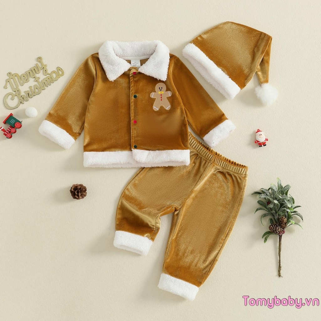 Bộ Trang Phục Giáng Sinh Cho Bé Gái Bé Trai Dài Tay Ve Áo Nút Xuống Áo + Quần Eo Co Giãn Ông Già Noel Trang Phục