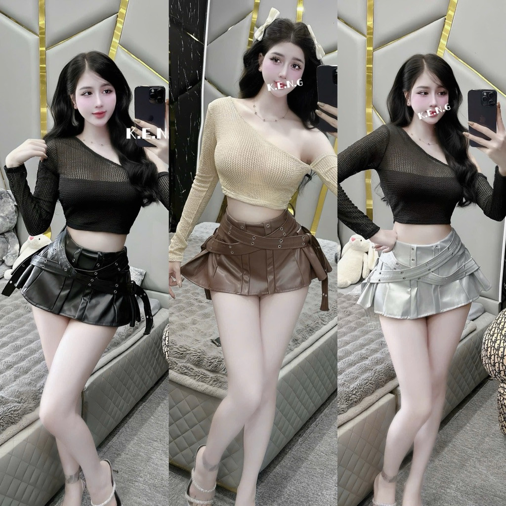 Sét áo lệch vai phối chân  da xoè xếp ly đai oze dập khuy siêu đẹp BYJOLIE