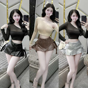 Sét áo lệch vai phối chân da xoè xếp ly đai oze dập khuy siêu đẹp BYJOLIE