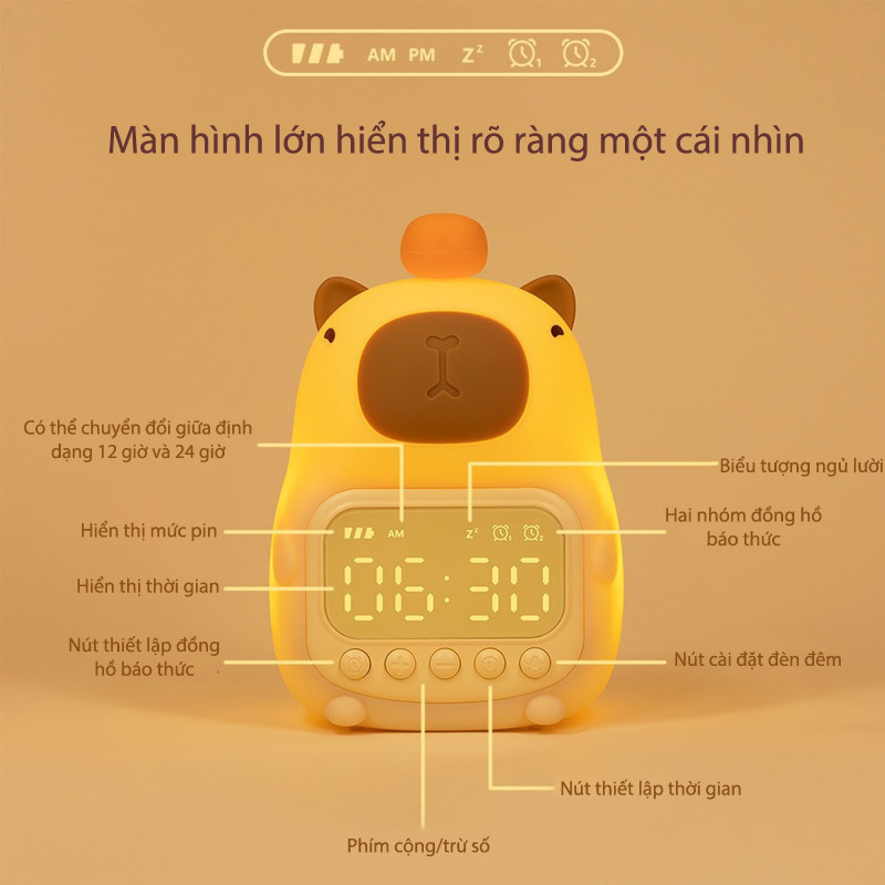 Đồng hồ báo thức Capybara, Đèn ngủ LED để bàn, Dây sạc USB đi kèm, Trang trí phòng ngủ, Quà tặng sinh nhật