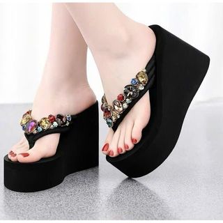 Dép kẹp xốp đế xuồng đính đá nhiều màu cao 5f,7f,9f bản cao cấp, Dép kẹp nữ đính đáXX