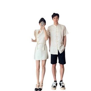 Trang phục cặp đôi phong cách Trung Quốc với áo sơ mi ngắn tay có cổ đứng, thiết kế mặt dây chuyền và vòng nút - Mùa hè tươi sáng