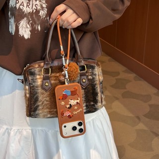 Dễ Thương Sang Trọng Thêu Dachshund Flannel Vải Bóng Wrsit Dây Da Vỏ Điện Thoại Cho iPhone 17Promax 13 14 15 16 Pro Max Sweet Girly Vỏ Di Động