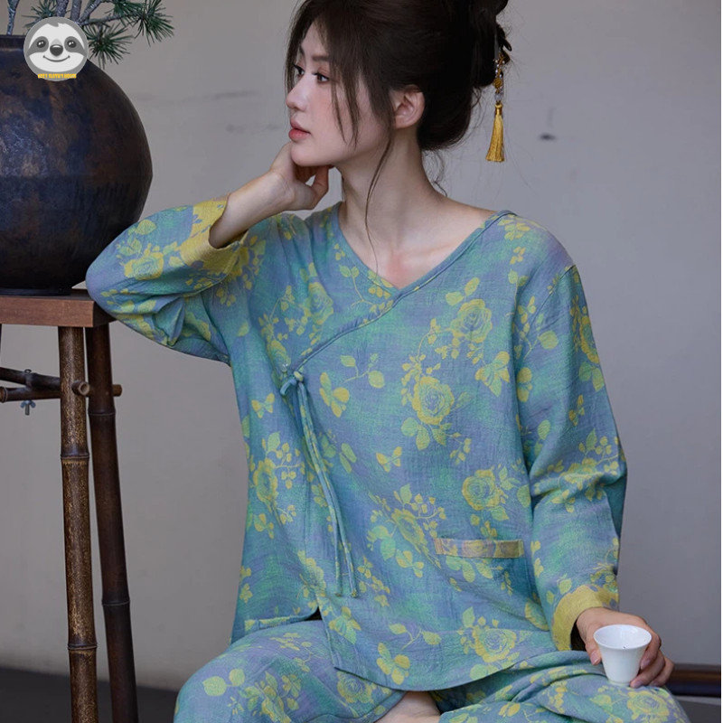 Bộ đồ ngủ tay cổ điển bằng Cotton nguyên chất phong cách Trung Quốc dành cho nữ / Bộ đồ ngủ Jacquard dệt cổ điển / Quần áo phòng chờ phong cách cổ xưa phong cách Trung Quốc / Thời trang Retro Loungewear