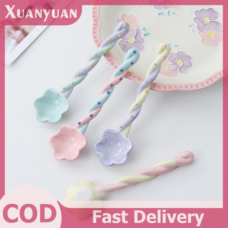 XUAN 1 Gốm Tay Cầm Dài Thìa Dễ Thương Kem Vẽ Tay Món Tráng Miệng Thìa Tay Cầm Dài Bộ Đồ Ăn Nhà Bếp Phụ Kiện VN