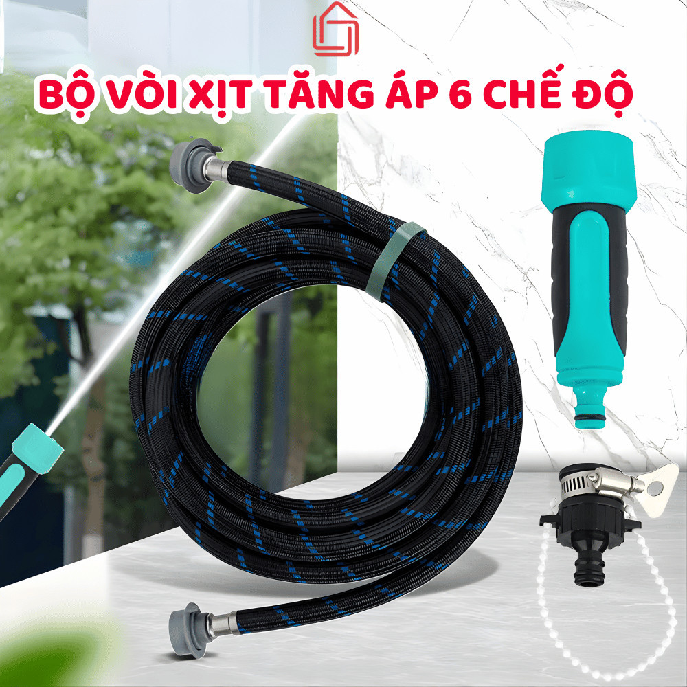 Bộ Vòi Xịt Tăng Áp 6 Chế Độ Dây Dẫn Chịu Lực, Đầu Xịt Đa Năng Rửa Xe – Tưới Cây – Vệ Sinh Sân Vườn