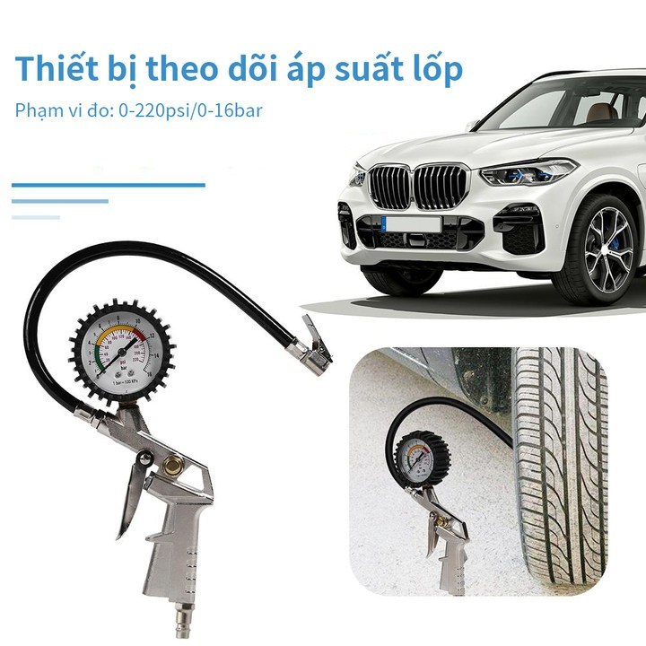 Đồng Hồ Bơm Hơi Áp Suất Lốp Kèm Đầu Vòi Bơm Hơi Xe Máy Xe Ô Tô, Sử Dụng Cho Mọi Loại Xe