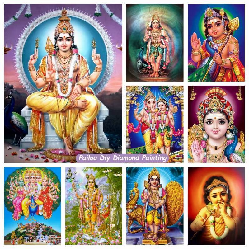 Tranh Canvas Chúa Murugan Hindu - Katharagama, Gia đình thần Shiva của Ấn Độ giáo, Trang trí nhà cửa tôn giáo (Thích hợp cho phòng khách và các kịch bản khác)