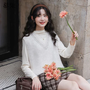 Mutu Áo Vest Two-Piece cổ cao, áo thun dệt kim, phong cách mới của Pháp, phù hợp mùa đông