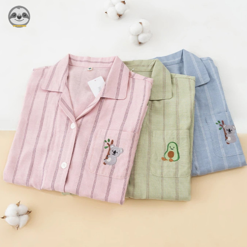 Phong cách Nhật Bản Muji Style / Quần yếm Cotton nguyên chất sợi đôi cho bé trai bé gái / Quần dài tay sọc trẻ em Bộ đồ ngủ thân thiện với da / Mềm mại thoải mái thoáng khí cho cha mẹ và con cái