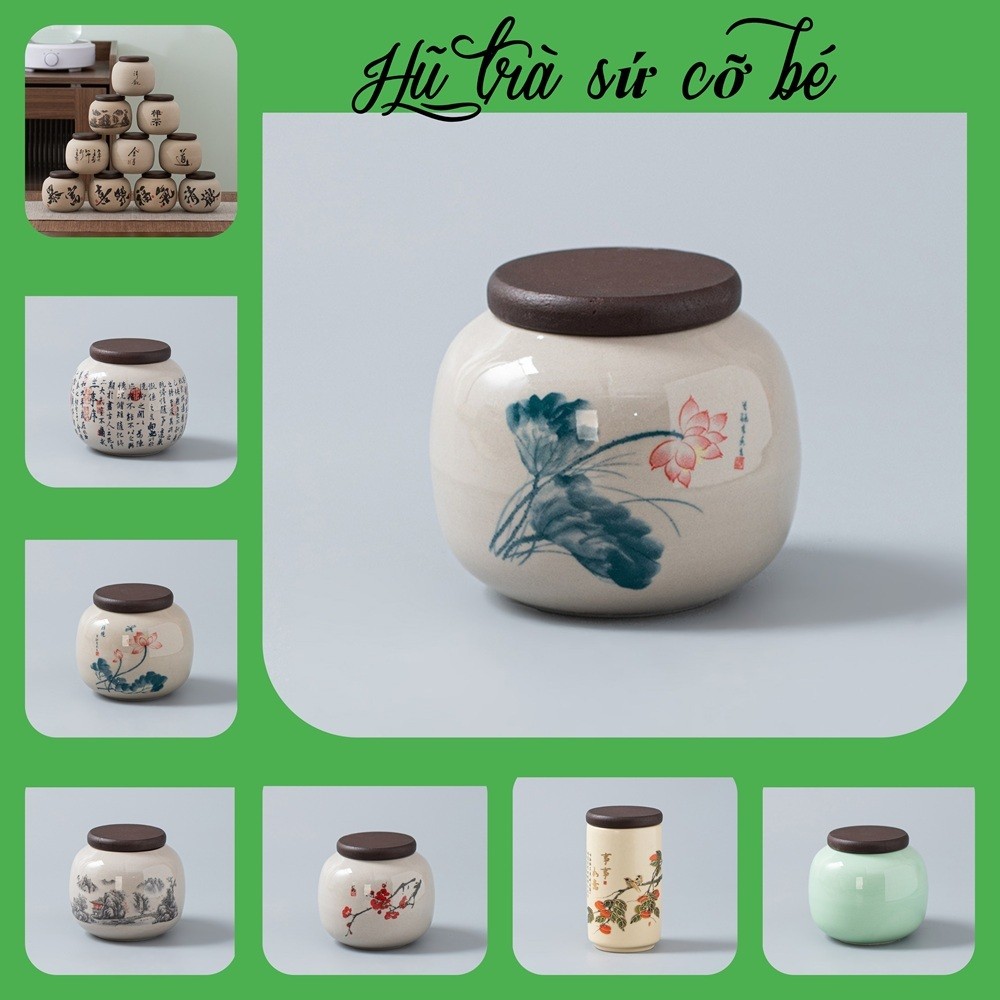 Hũ Đựng Trà Bằng Sứ Nắp Gỗ Cỡ Bé Vẽ Họa Tiết Đẹp Mắt