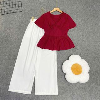 Set Áo Quần Bigsize Nữ Áo Cổ Tim Dáng Peplum Kèm Quần Suông Rộng Dễ Thương A315+Q564