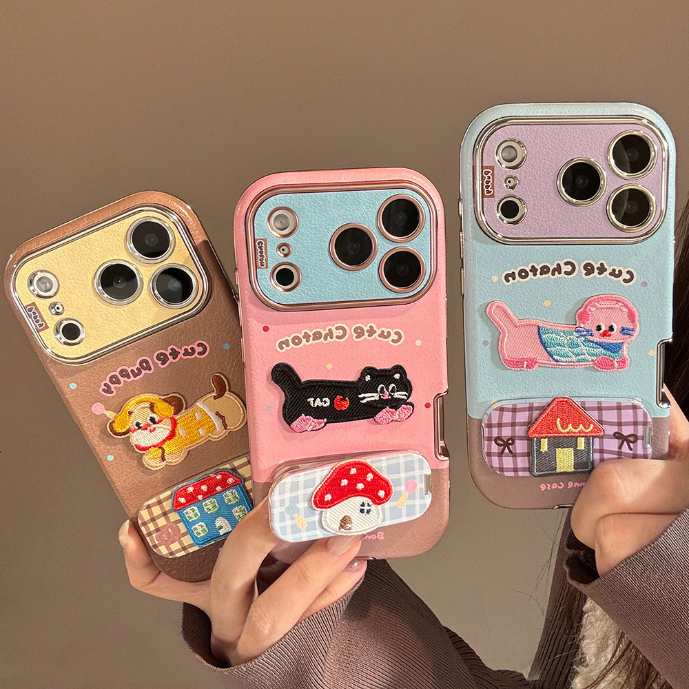 3D Mèo Chó Gấp Gương Giá Đỡ Mạ Da Điện Thoại Cho iPhone 17 Pro Max 16 Plus 15 14 13 Vỏ Bảo Vệ Chống Sốc