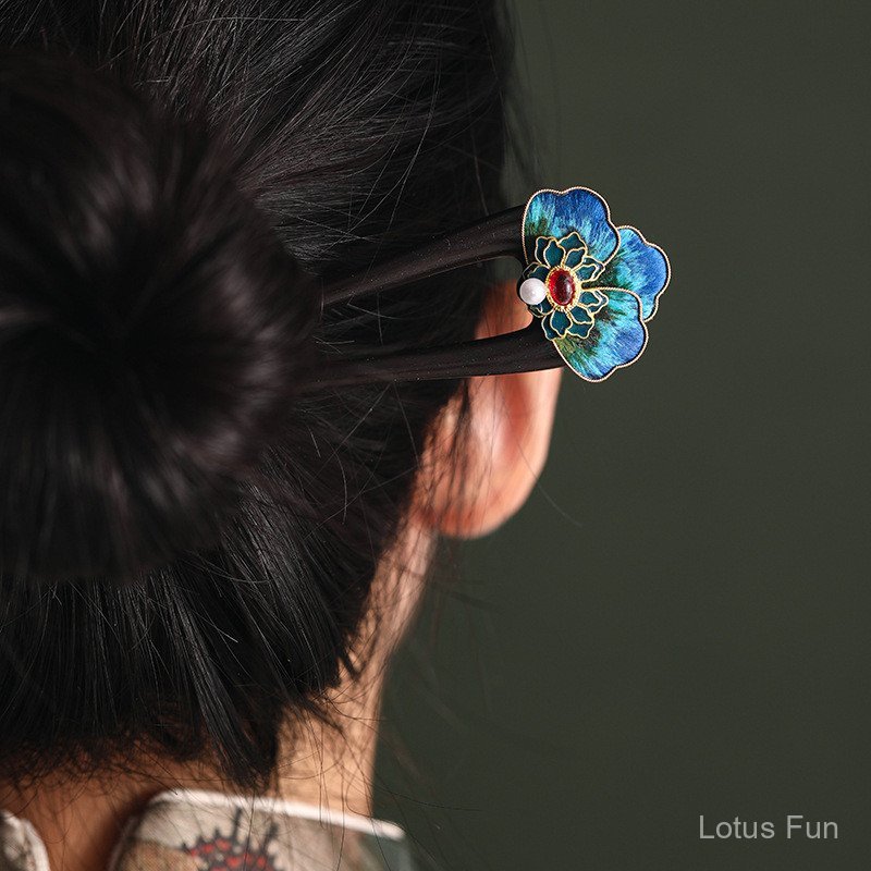 Kẹp Tóc Handmade Phong Cách Trung Quốc, Lụa Nhung & Gỗ Đàn Hương, Họa Tiết Filigree và Hình Chữ U