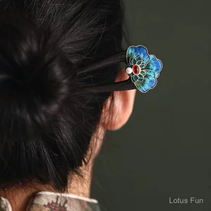 Kẹp Tóc Handmade Phong Cách Trung Quốc, Lụa Nhung & Gỗ Đàn Hương, Họa Tiết Filigree và Hình Chữ U