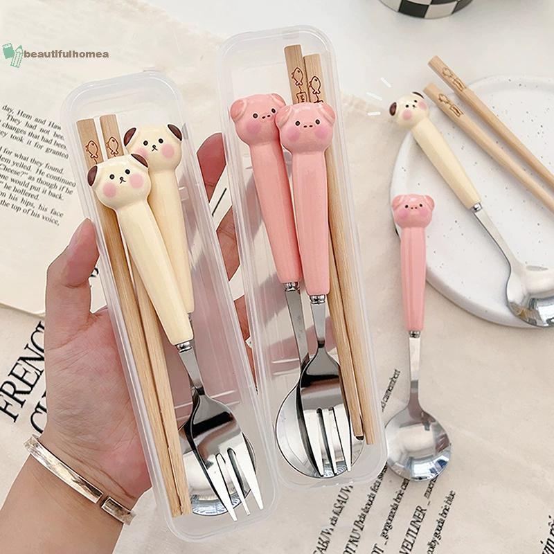 BeautifulHomeA Hoạt Hình Chó Con Heo Thìa Nĩa Thép Không Gỉ Dao Kéo Di Động Sinh Viên Hoạt Hình Bộ Đồ Ăn Trẻ Em Hộp Bảo Quản VN