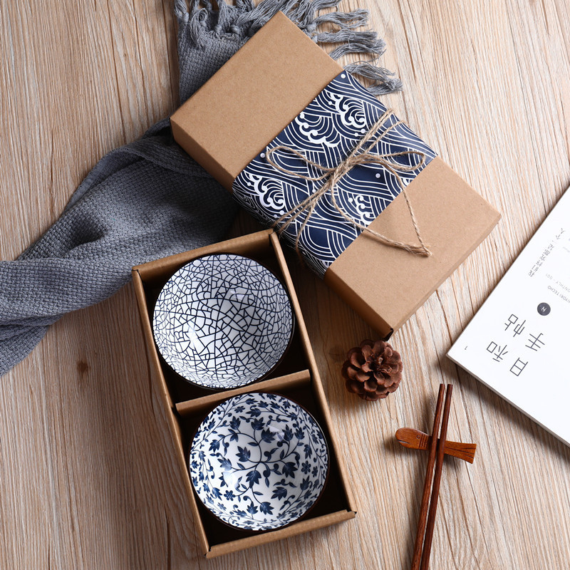 Bộ đồ ăn gốm sứ Nhật Bản sáng tạo, hộp quà tặng xanh trắng, bộ bát sứ sự kiện