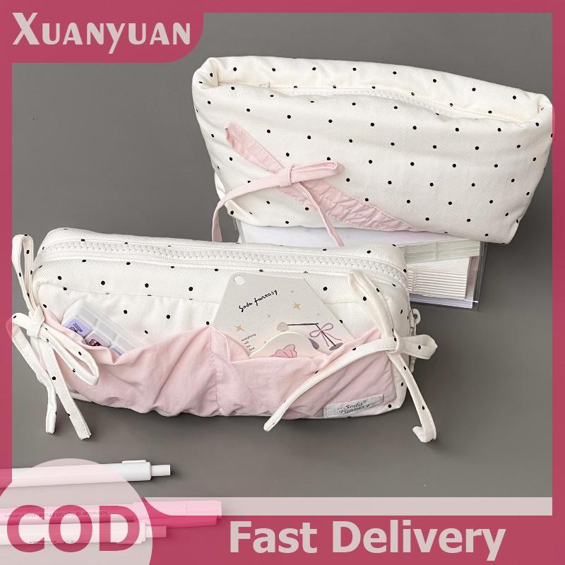 XUAN Dễ Thương Chấm Bi Nơ Hộp Đựng Bút Chì Màu Trắng Với Màu Hồng Phụ Kiện Dung Tích Lớn Dây Kéo Túi Đựng Bút Chì Học Sinh Văn Phòng Phẩm Đồ Dùng Học Tập VN