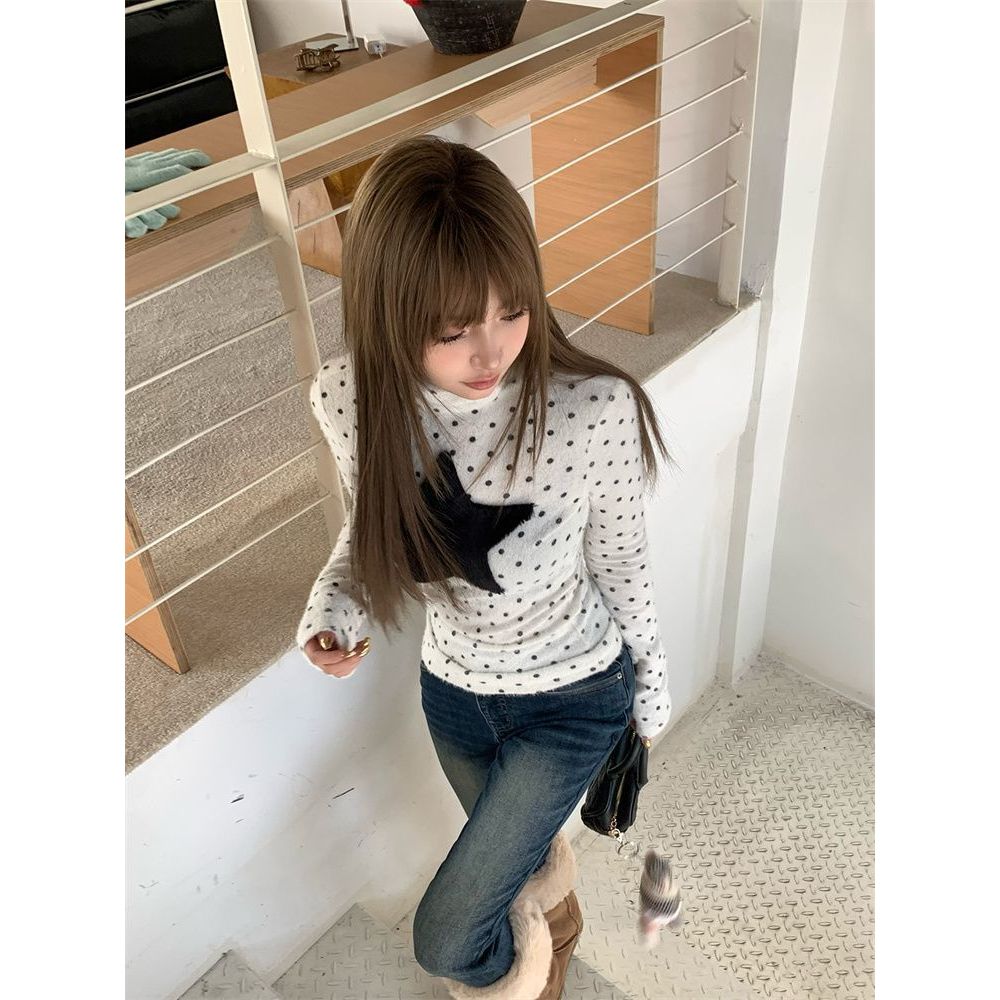 Milyfashion Áo sơ mi chấm bi vai dài tay thuôn, thiết kế slim-fit cổ cao, phù hợp xu hướng thời trang Y2K và phong cách ballet