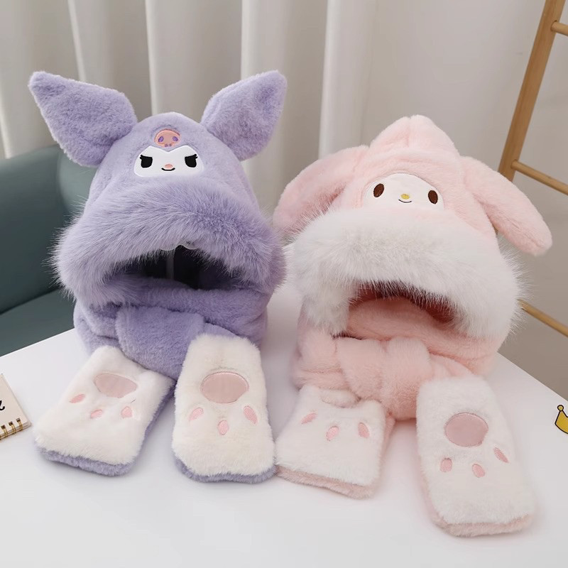 Mũ len lông cừu cho bé, mũ chùm đầu giữ ấm 3in1 kèm khăn quàng cổ và găng tay hoạ tiết kuromi, melody
