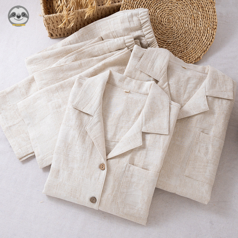 Phong cách Nhật Bản Phong cách Muji / Phong cách cặp đôi Vải lanh cotton màu trơn Bộ đồ ngủ dài tay / Nam nữ Bộ đồ mặc nhà đơn giản / Thường ngày có thể mặc bên ngoài Áo dài tay / Hơi thở vải lanh cotton chất lượng cao