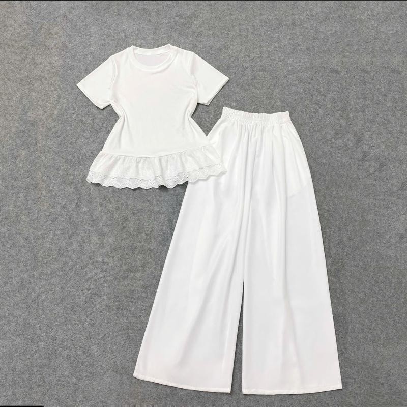 Set Bigsize Cô Nhỏ Áo Thun Tay Ngắn Bo Viền Ren Kèm Quần Dài Ống Rộng Thoải Mái A281+Q530