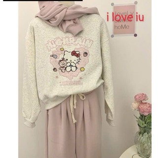 Áo sweater hello kitty in trái tim hồng dành cho nữ cổ tròn form rộng tay bồng chất nỉ bông