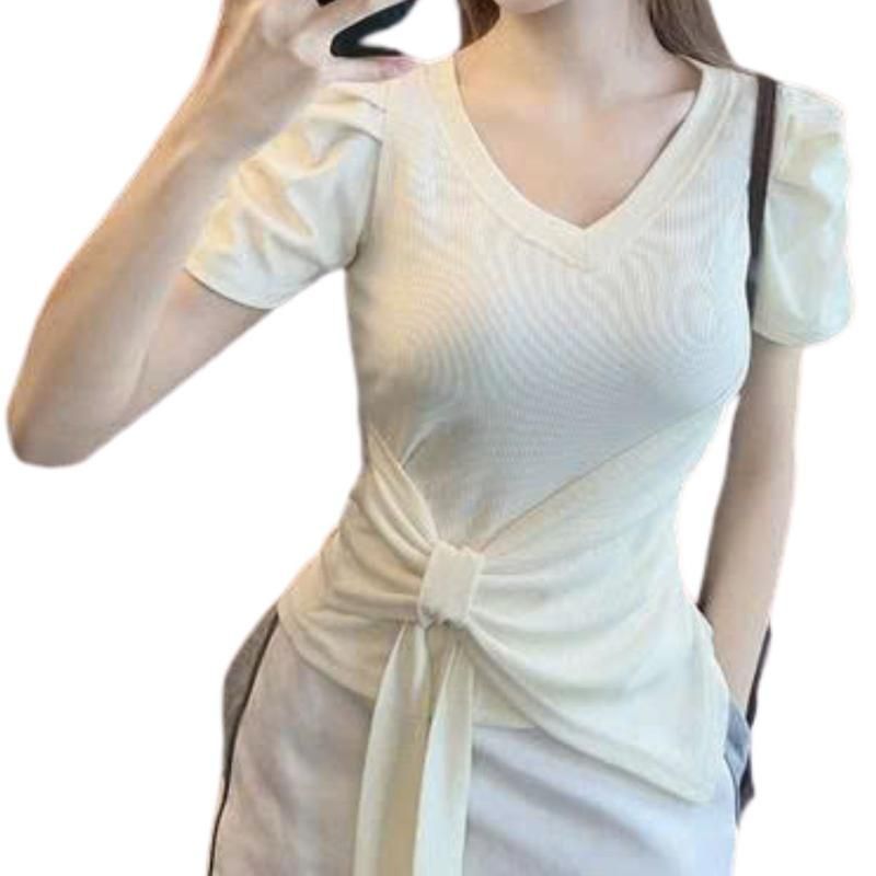 Áo Thun Bigsize Tay Ngắn Cột Nơ Dễ Thương ESHOP Áo Thun Nữ Cổ Tim Tay Phồng Ôm Body MS473