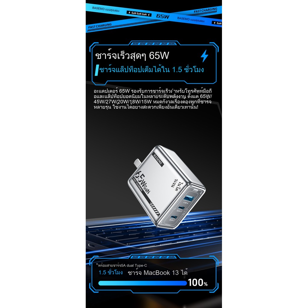 65W 'Gallium 'Series Đầu sạc ba cổng Square Gallium Nitride Bộ sạc siêu nhanh Thích hợp cho Huawei Apple