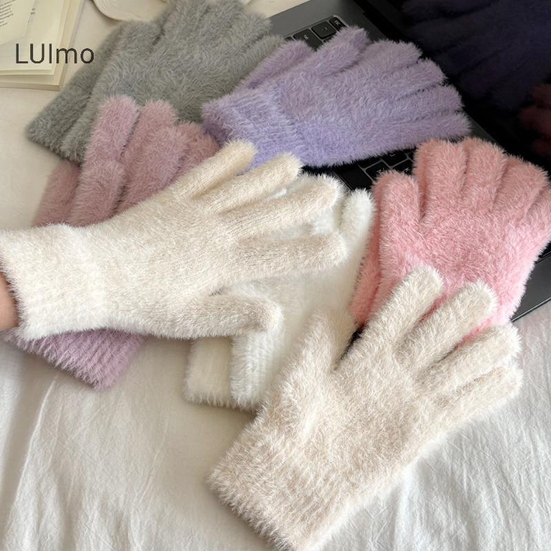 LUImo Giả Chồn Găng Tay Dệt Kim Mùa Đông Ấm Áp Dày Nhung Năm Ngón Găng Tay Nữ Ngoài Trời Đi Xe Đạp Màu Trơn Găng Tay SBS