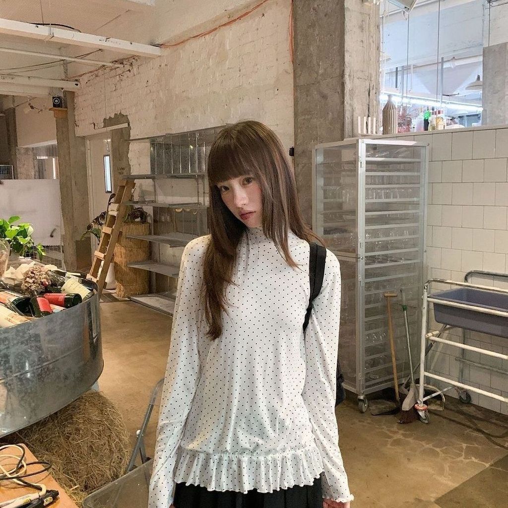 Milyfashion Áo Blouse Ren Cổ Cao Chấm Bi Tay Dài, Thiết Kế Ôm Vừa Vặn Phù Hợp
