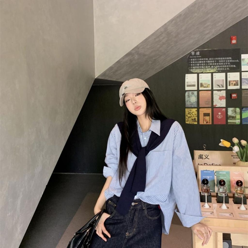Áo Sơ Mi Bigsize Cô Nhỏ Dài Tay Kẻ Sọc Vải Lụa Mềm Mát Kèm Khăn Thủy Thủ Chất Vải Tăm SM49+A195