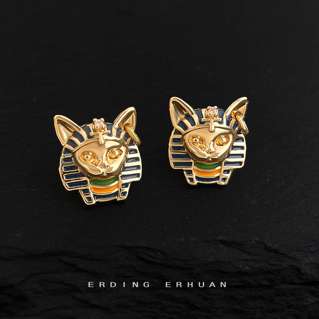 Ban Đầu Phong Cách Trung Cổ Ai Cập Đầu Mèo Pharaoh Bạc 925 Mạ Kim 14K Men Nhỏ Giọt Men Sơn Bông Tai Nhà Máy Bông Tai Nữ