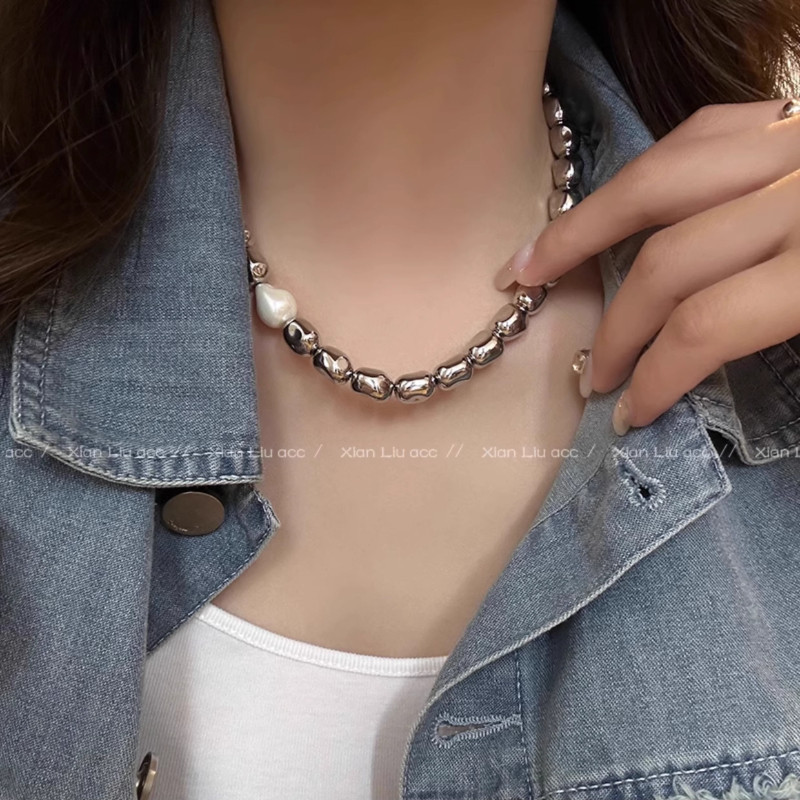 Vòng cổ hạt mạ điện và ngọc trai Baroque, phụ kiện thời trang dành cho nữ