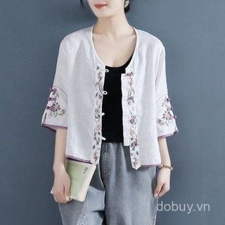 Nữ áo sơ mi lanh cotton vintage cổ chữ V, thêu tỉ mỉ, phong cách Trung Hoa, phù hợp mùa hè