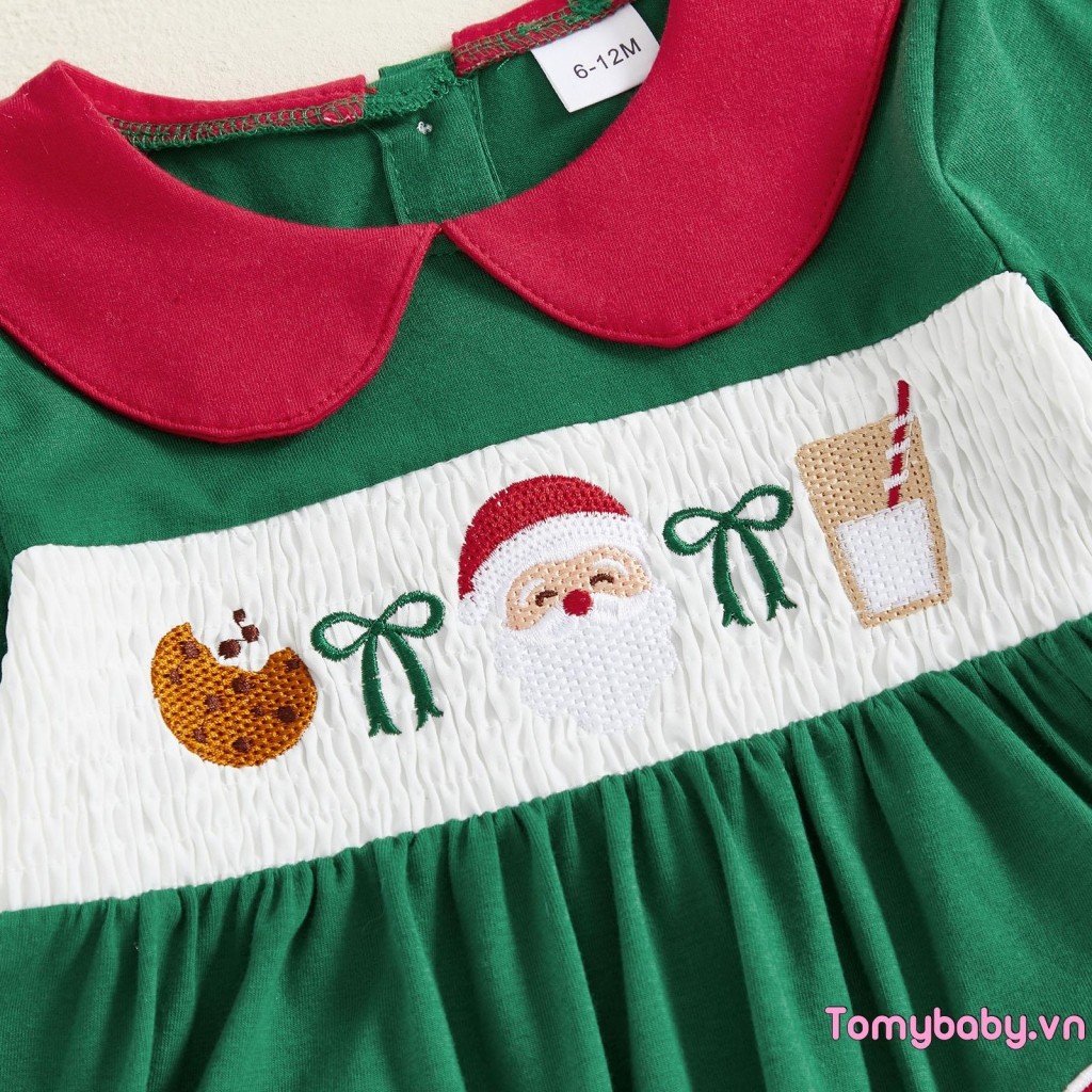Trẻ Em Bé Gái Váy Giáng Sinh Tay Dài Cổ Búp Bê Thêu Ông Già Noel Mùa Thu Váy