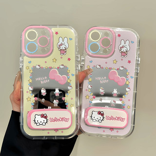 Vỏ Gương Cặp Đôi Hoạt Hình Mèo Kitty + Dây Xích + Giá Đỡ Cho IPhone 16 11 15 14 13 12 Pro Max X Xr Xs Max 7 8 Plus Vỏ Điện Thoại Bảo Vệ Ống Kính Chống Sốc Mềm Vỏ Đen