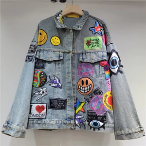 Rétro huy hiệu thêu rời - Áo khoác denim mùa xuân thu phong cách cao cấp cho nam và nữ