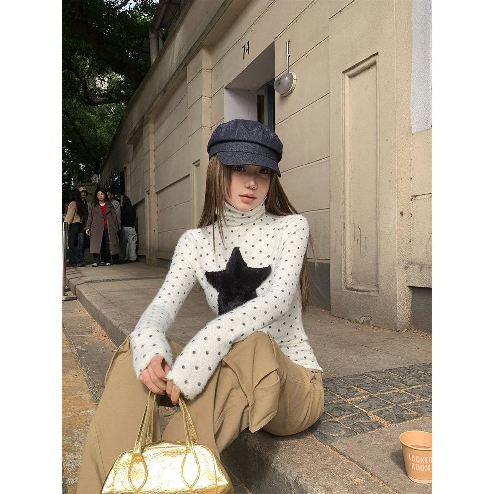 Milyfashion Áo sơ mi chấm bi vai dài tay thuôn, thiết kế slim-fit cổ cao, phù hợp xu hướng thời trang Y2K và phong cách ballet