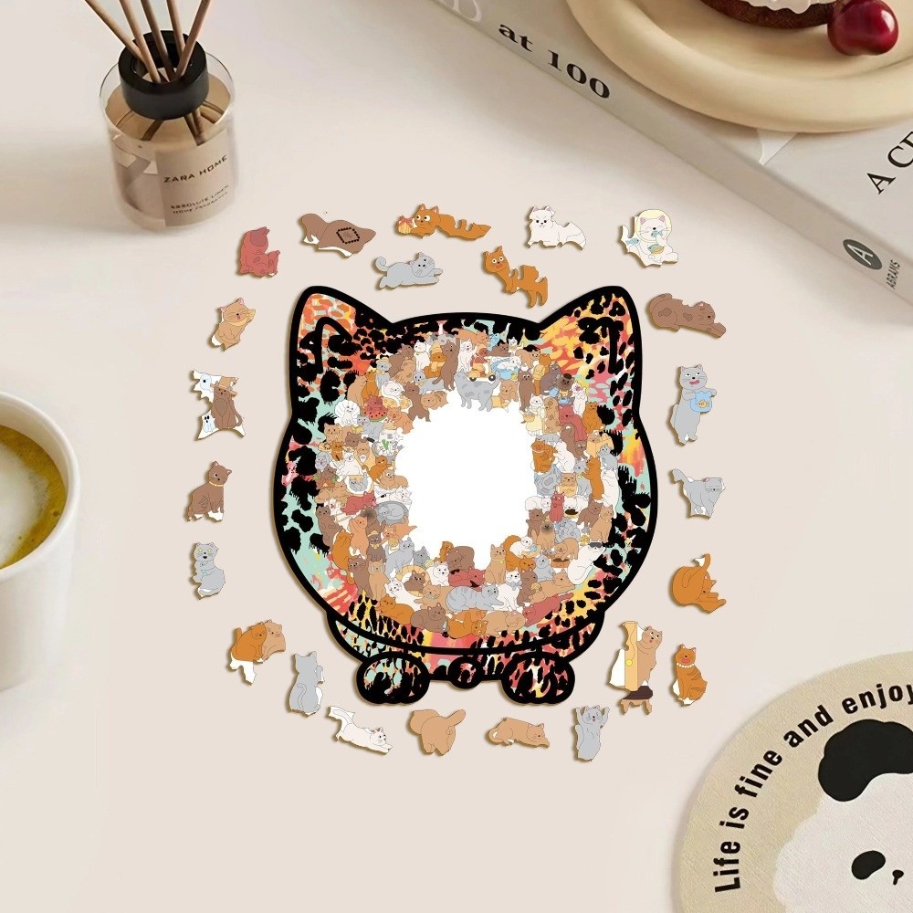 Câu đố ghép hình gỗ tự nhiên 135 mảnh, khung silhouette mèo, trang trí động vật, màu Macaron Morandi