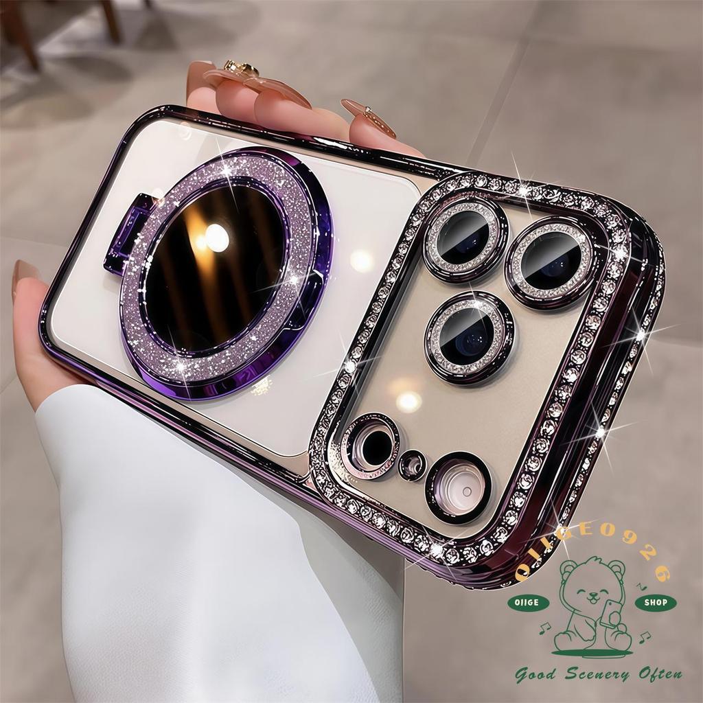 【 Ốp lưng iPhone17 】 Giá đỡ gương kim cương mạ màu cam Vỏ điện thoại từ tính iphone17 Pro Max 16 15 14 13 12 cho vỏ iPhone Vỏ mềm silicon TPU chống sốc
